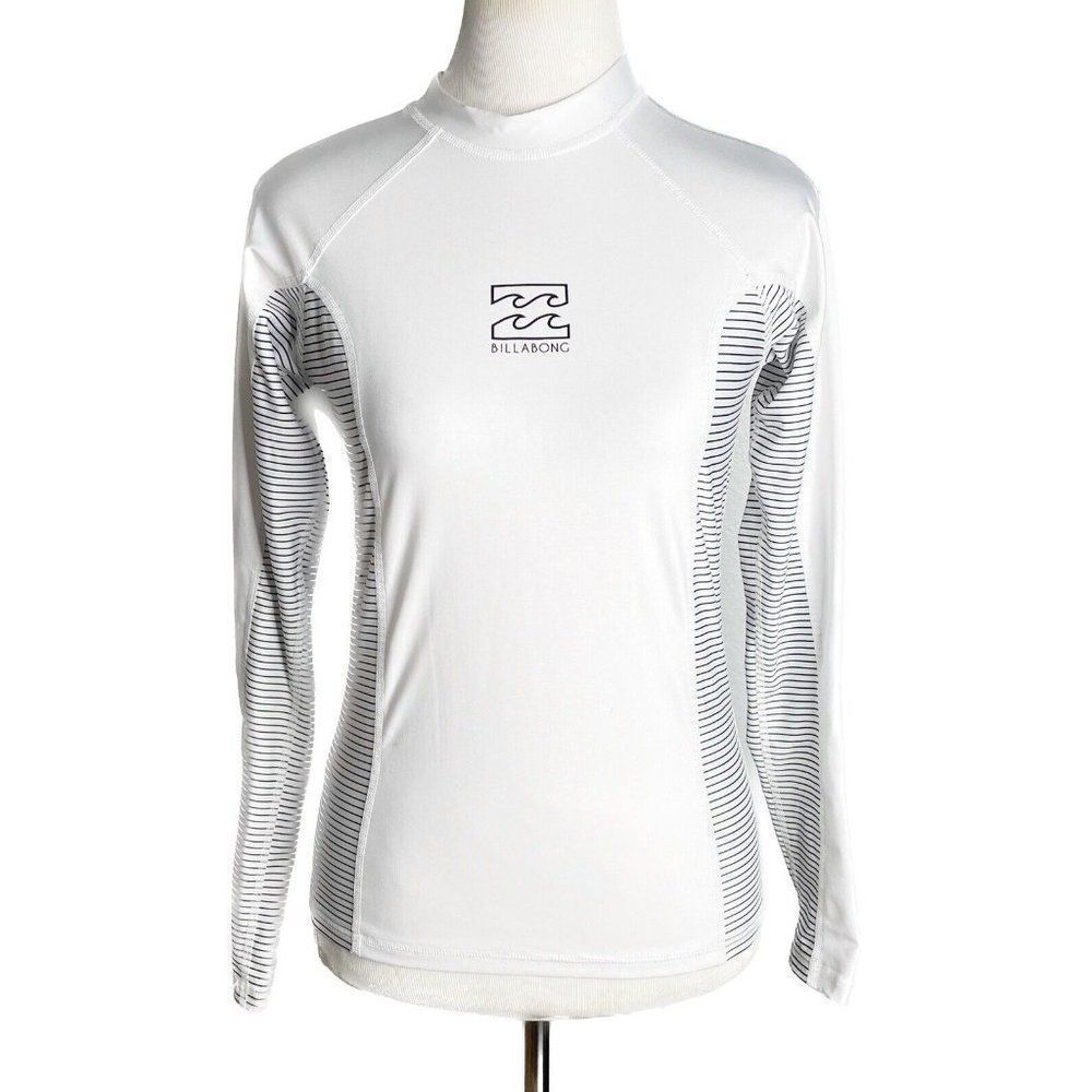 Billabong White Long-Sleeve Rash Guard with Black Stripe Panels